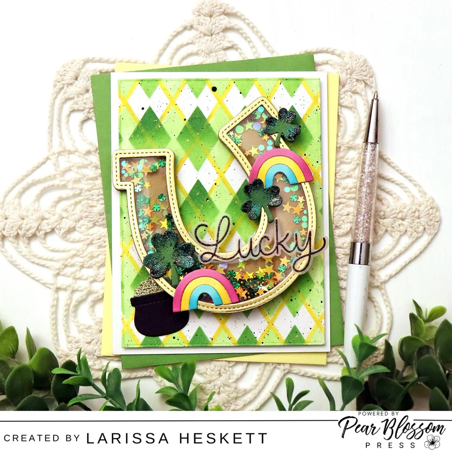 🍀🍀Lucky🍀🍀
larissaheskettdesigns here today to share this Action Wobbler Shaker Card!! SQUEAL!! This Lucky Shaker Horseshoe Rocks back and forth on the front of this Card making it such a FUN Interactive Card Design!! This would be PERFECT for any recipient for ANY Occasion, just personalize with a second sentiment on the inside of the Card!! I hope this INSPIRES you to create some Action Wobbler Shaker Cards too!!
Happy Crafting, Friends!! 💚 
#pearblossompress #actionwobbles #shakercards #interactivecard #prettypinkposh