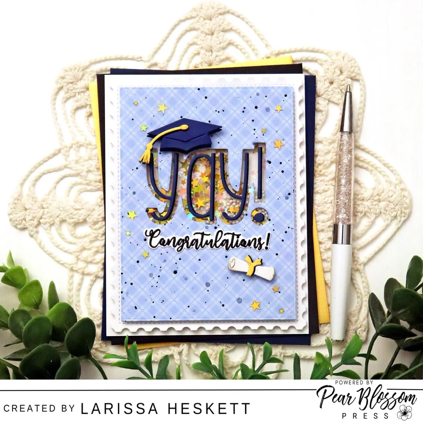 Hello Crafty, Friends!! Larissa here today to share a FUN Double Interactive Graduation Card!! I’m pairing the Window Sheets with the Snap n Spin Disks for a Shaker Card that has a Spinning Graduation Hat!! SQUEAL!! I LOVE how this design turned out and you could personalize it for the recipient to coordinate with their Graduation Colors!! I hope this INSPIRES you today and Happy Crafting!! #pearblossompress #windowsheets #snapnspindisks #interactivecards #graduationcards