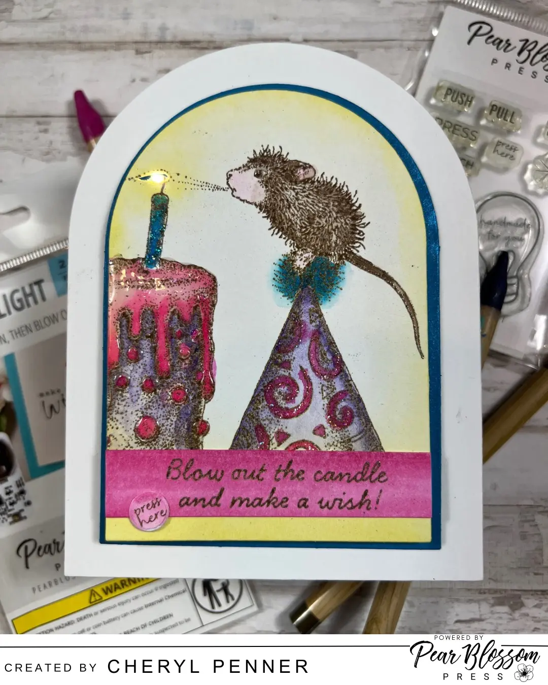 Today, Cheryl @artsy.island.girl is sharing a Blow Out Birthday Card using the Candle Light from Pear Blossom Press.  The Candle light is paired with the Top Notch Birthday stamp set from House Mouse designs to create a colourful shaped card with the Fun Interactive Candle!
https://youtu.be/KH045nkR798