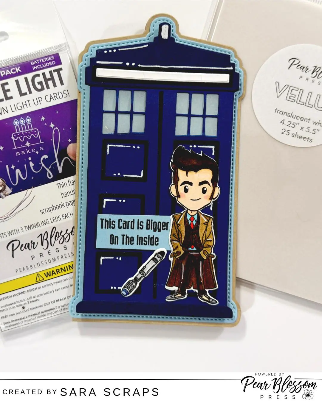 Bigger on the inside… and brighter too! This shaped card created by @sara.scraps It is inspired by everyone’s favorite time-traveling blue box and features a fun light-up surprise using Pear Blossom Press Twinkle Lights! A simple press brings the windows to life, adding a magical interactive touch that’s sure to delight any recipient. Be sure to watch the full process on our YouTube channel and see how this glowing card came together from start to finish!
#cardmaking #pearblossompress #sara.scraps