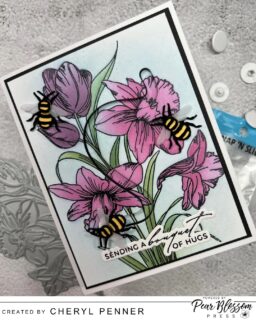 Hello, Cheryl (aka Artsy Island Girl) here today sharing how to create a Quick Floral Bouquet Spinner card using Snap 'n Slides.  A coordinating Floral Press plate & stencil set is used to create the background. Snap 'n slides are used with a die cut bee to create an fun spinner feature easily.