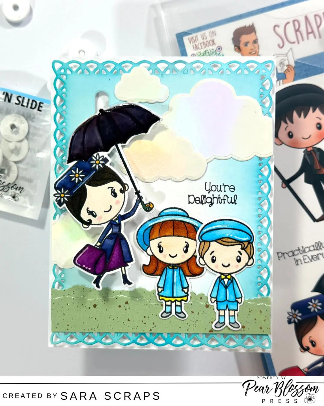 A little practically perfect magic in card form from @sara.scraps This interactive card features the adorable Pear Blossom Press Snap n’ Slides mechanism to bring this sweet scene to life with movement and dimension! Sara’s card features a soft cloudy background and adorable characters. This card is truly “delightful.” 
Be sure to head over to YouTube and watch the full process video and see the interactive elements in action! #pearblossompress #cardmaking  #cardmakingideas #cardmakinginspiration #cardmakingandpapercrafts