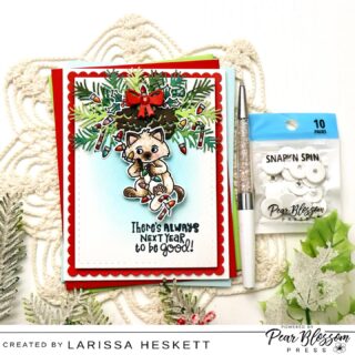 Hello Crafty Friends!! Larissa here today to share a SWEET and Mischievous Christmas Card today using the Snap n’ Spin Disks, but you could also us the Snap n’ Slide Disks too as this design uses Foam Stoppers on either side of the Image so it can’t move past them!! SQUEAL!! I LOVE this FUN Technique and it can be paired with so many different images for the Holiday Season!! I hope this INSPIRES You to create some Interactive Christmas Cards!! Happy Crafting, Friends!! #pearblossompress #snapnspindisks #interactivecards #holidaycards #newtonsnook