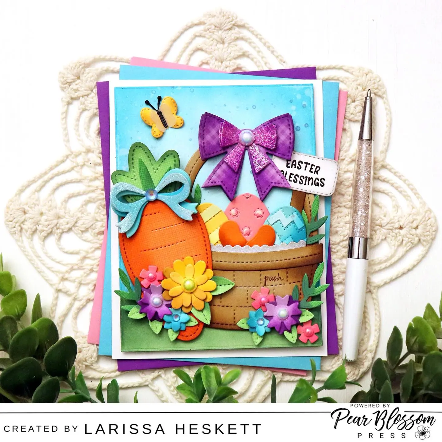 Hello Crafty Friends!! Happy Easter!! I sharing this ADORABLE Easter Scene Card today using the Halo Light to make the Basket Light up!! SQUEAL!! I LOVE how much FUN this adds to the Card and I hope it INSPIRES you to add some Light to your next Card Design!! #pearblossompress #halolight #prettypinkposh #eastercards #wowembossingpowder