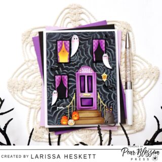 Hello Crafty Friends!! 
Larissa here today with a SPOOKTACULAR Haunted House Card that is Double Interactive!! I’ve used the EZ-Lights to add 3 Light-up Elements and then there’s a SURPRISE when you open the Door to the House!! SQUEAL!! I hope this INSPIRES you to create some Double Interactive Cards!! Happy Crafting, Friends!! #pearblossompress #lightupcards #halloweencards #heroarts #heroween