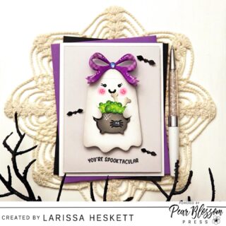 Hello Crafty Friends!! Larissa here today to share a SPOOKTACULARLY SWEET Card showcasing a Wobbling Ghost!! SQUEA!! This Cutie is SURE to bring so HAPPINESS to the Recipients Face this Halloween!! Hope it INSPIRES to create some Cards!! Happy Crafting, Friends!! #pearblossompress #actionwobbler #prettypinkposh #wowembossingpowder #halloweencards