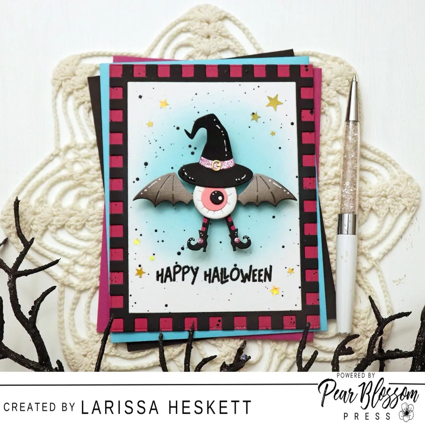 Hello Crafty, Friends!! Larissa here today to share this FUN Spinning Witch Bat today using the Snap n Spin Disks along with some products from teamspellbinders!! I LOVE thinking outside of the Box and I hope this INSPIRES you you create some Interactive Cards for your Halloween Cards!! Happy Crafting, Friends!! 💜 #snapnspindisks #pearblossompress #teamspellbinders #interactivecards #wowembossingpowder